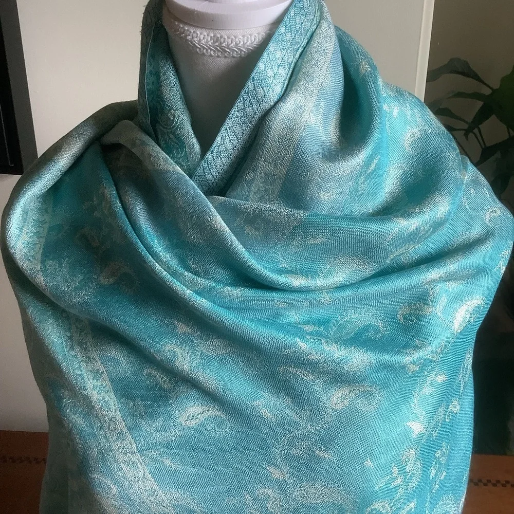 Silk Aqua Blue Paisley Summer Wrap with Fringe